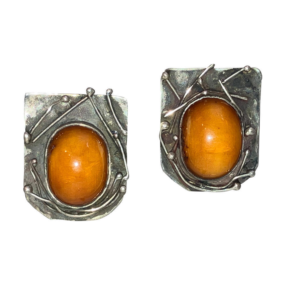 Sterling Silver Abstract Butterscotch Amber Earrings